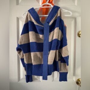 Free People Cobalt  Blue and Beige Striped Knit Off the Shoulder Sweater 💙